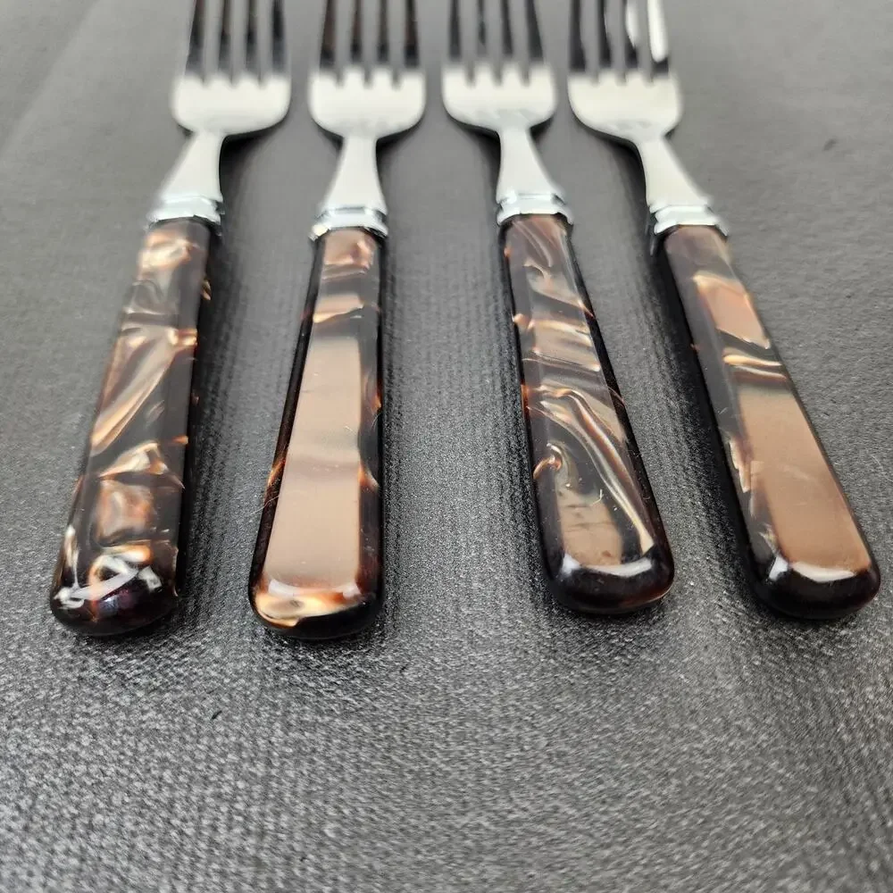 4 MIKASA Tortoise Handle Flatware Brown Acrylic Handle Desert Salad Forks 7